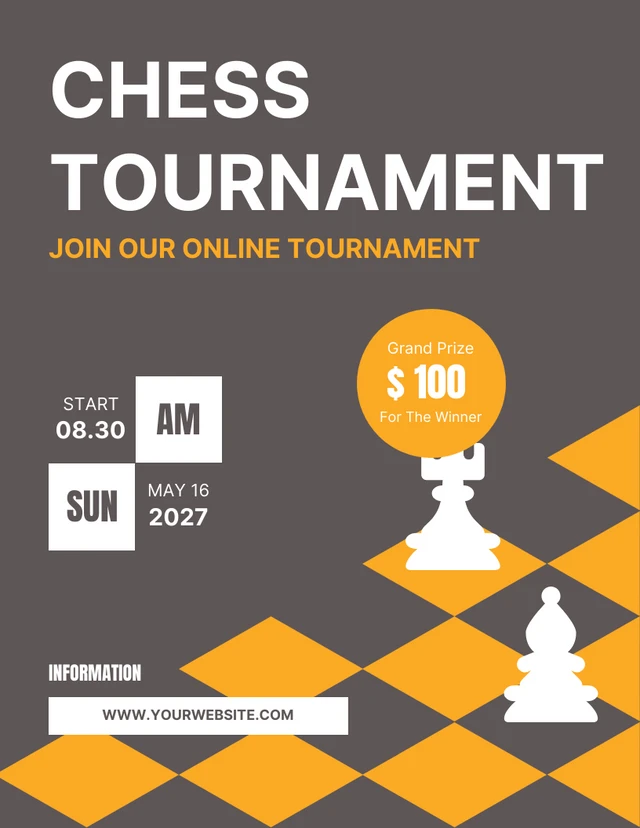 White Black And Orange Chess Tournament Flyer Template