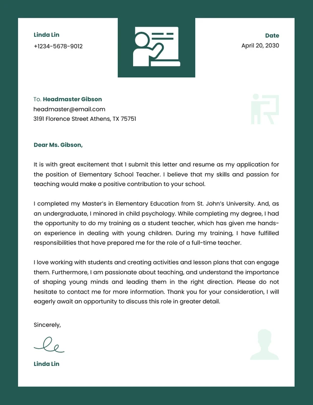 Green And White Clean Business Teacher Letterhead
