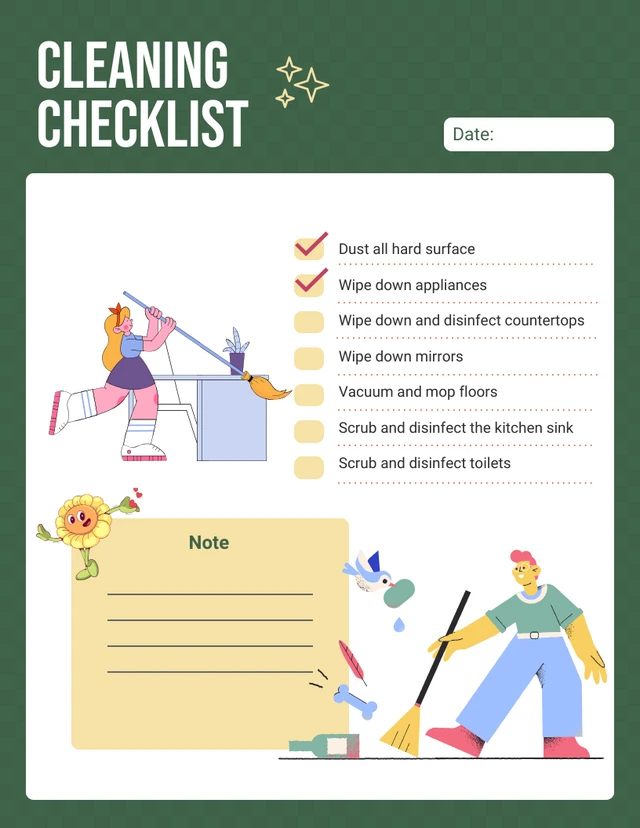 Dark Green Modern Illustration Cleaning Checklist Template