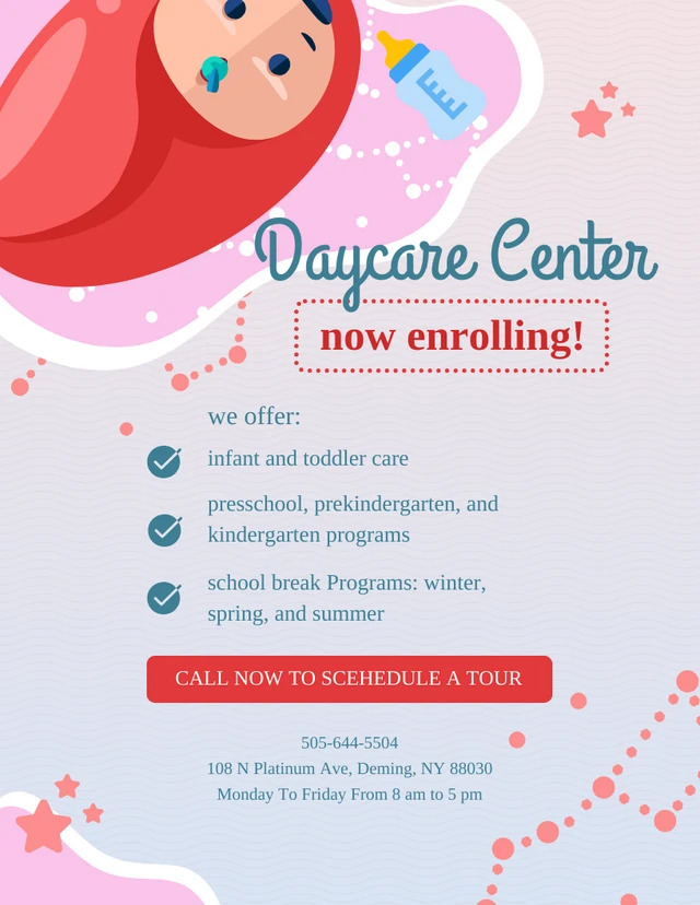 Pink And Soft Blue Cute Daycare Flayer Template