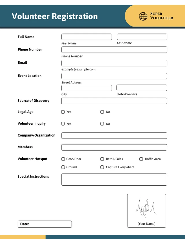 Yellow and Metallic Blue Volunteer and Community Service Forms Template