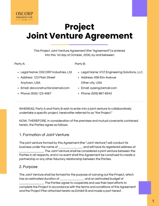 Purple and Orange Clean Project Joint Venture Agreement - Page 1