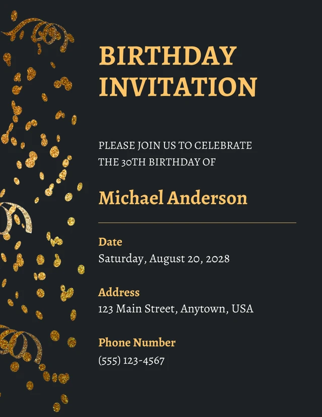 Plantilla de invitaciones de cumpleaños número 30 en dorado claro y negro