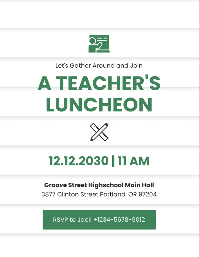 White And Green Simple Teacher Luncheon Invitation Template