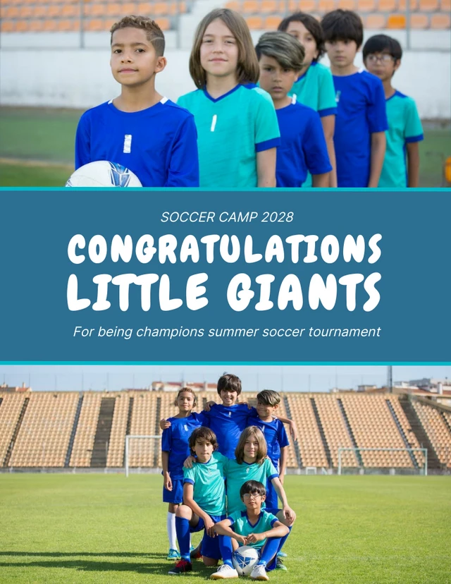 Hellblaue einfache Fotocollage-Glückwunsch-Fußballcamp-Plakatvorlage