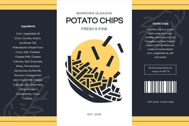 Dark Grey And White Simple Potato Chips Jar Label Template