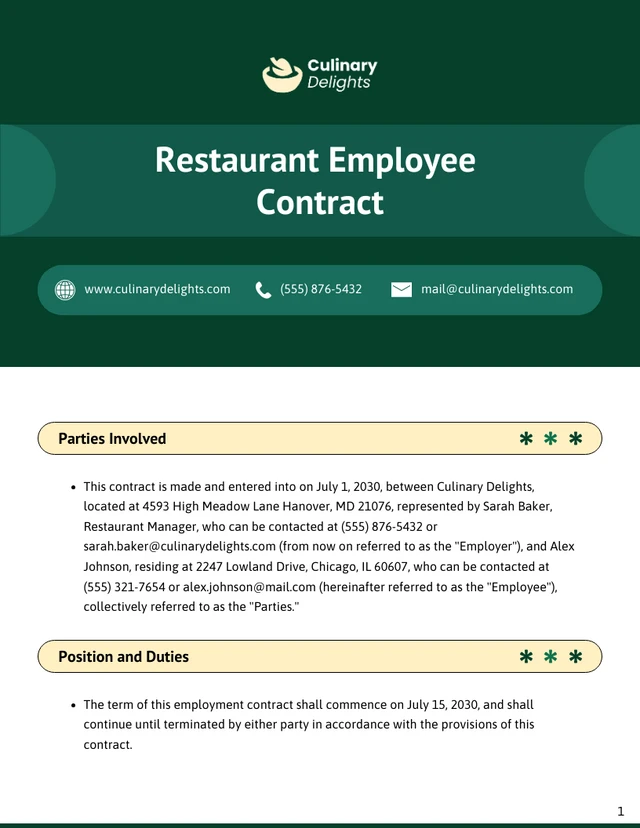 Restaurant Employee Contract Template - page 1