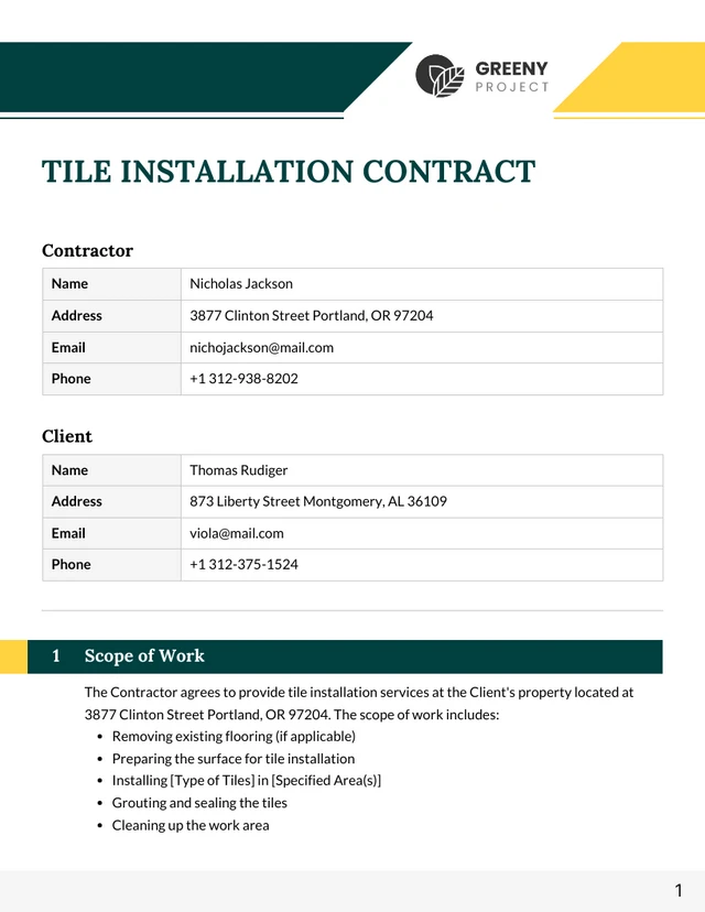 Tile Installation Contract Template - Page 1