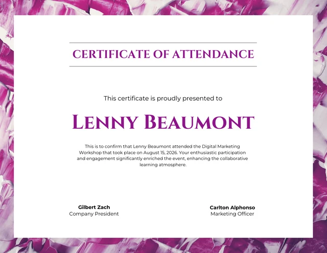 White And Purple Abstract Attendance Certificate Template