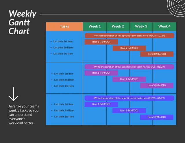 Simple Dark Weekly Gantt Chart Template