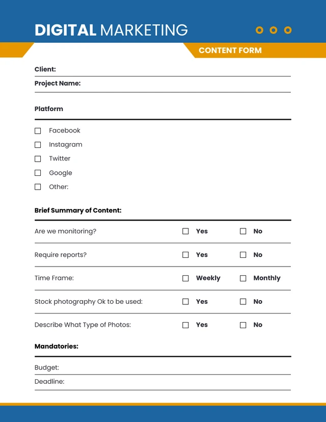 Simple Blue and Orange Digital Marketing Content Forms Template