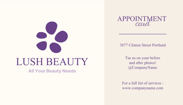 Beige And Purple Modern Aesthetic Beauty Appointment Business Card - Page 1