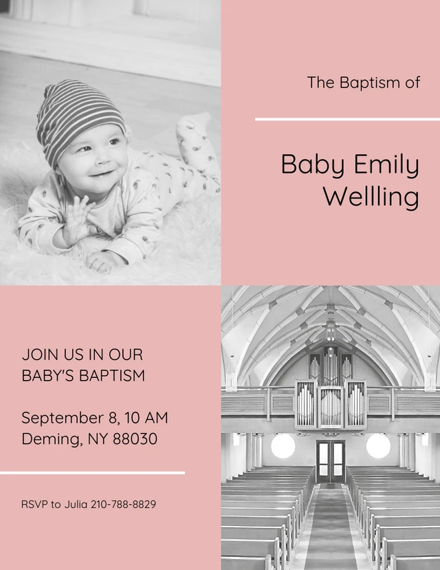 Modèle d'invitation au baptême d'un bébé rose et blanc (grille)