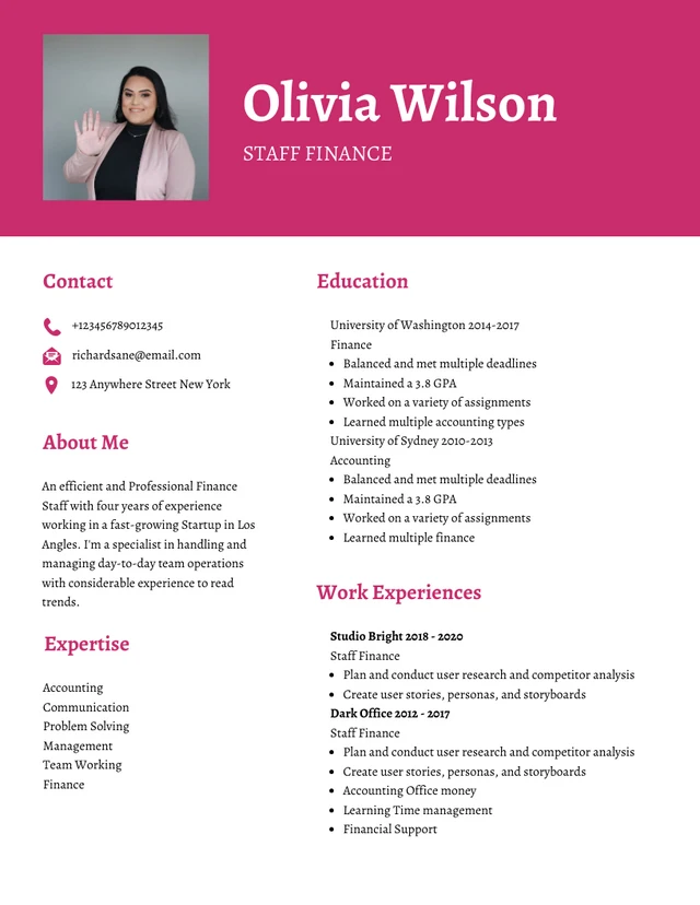 Dark Pink And White Clean Feminine Professional Finance Resume Template