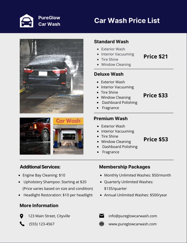 Grey and Black Clean Simple Car Wash Price List Template