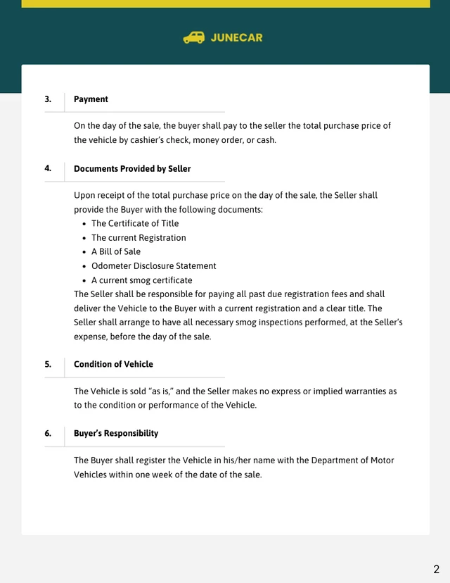 Vehicle Sale Contract Template - page 2