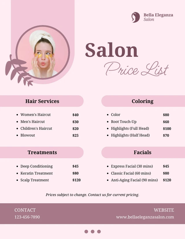 Modèle de liste de prix de salon