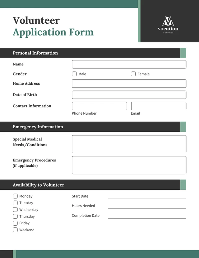 Green and Black Modern Volunteer and Community Service Forms Template