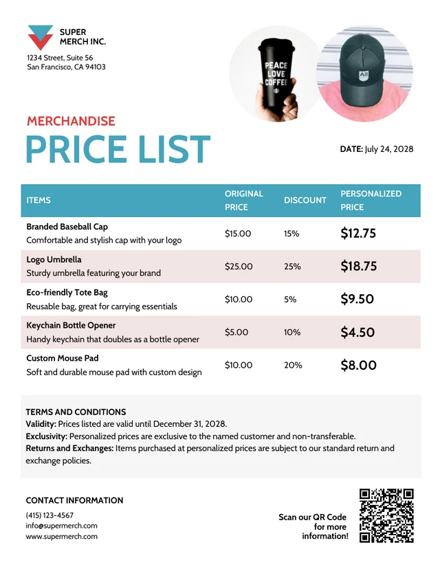 Merchandise Price List Template