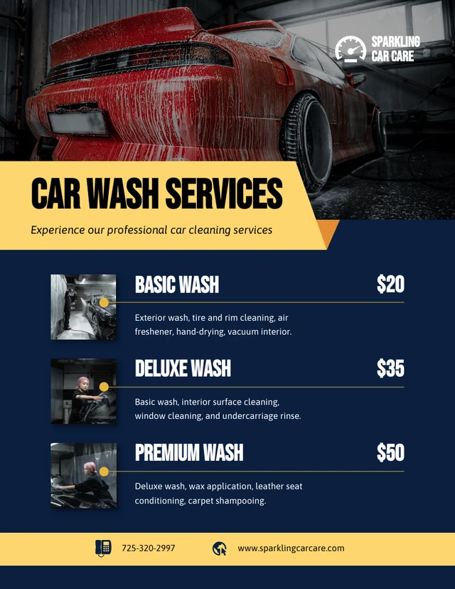 Navy and Yellow Car Wash Price List Template