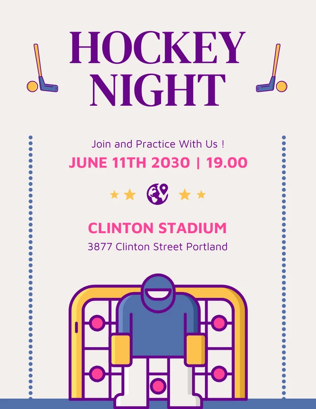 Beige Playful Illustration Hockey Night Poster Template