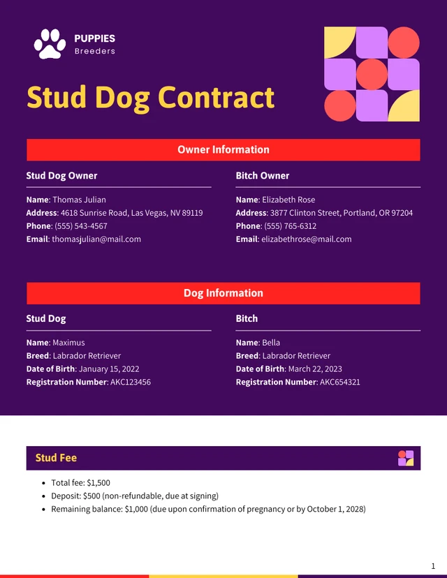 Stud Dog Contract Template - Seite 1