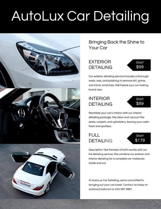 Luxury Black and White Car Detailing Price Lists Template