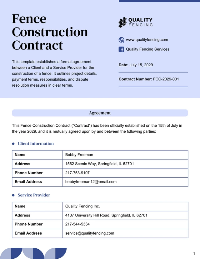 Fence Construction Contract Template - Page 1