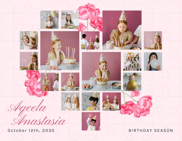 Light Pink Cute Floral Birthday Heart Shaped Collages Template