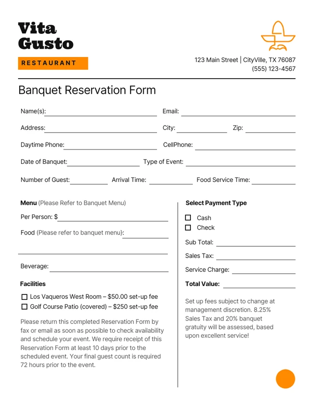 Simple White and Orange Banquet Reservation Form Template