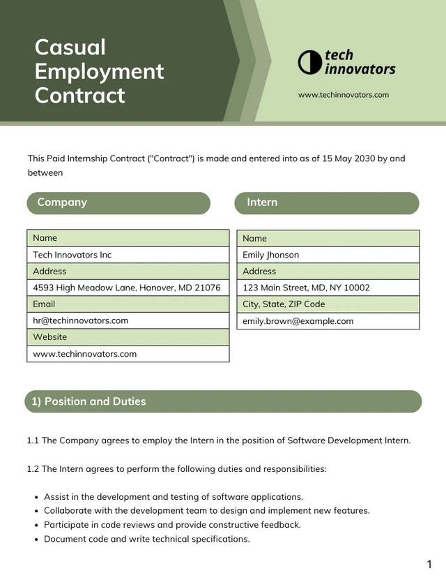 Paid Internship Contract Template - Seite 1