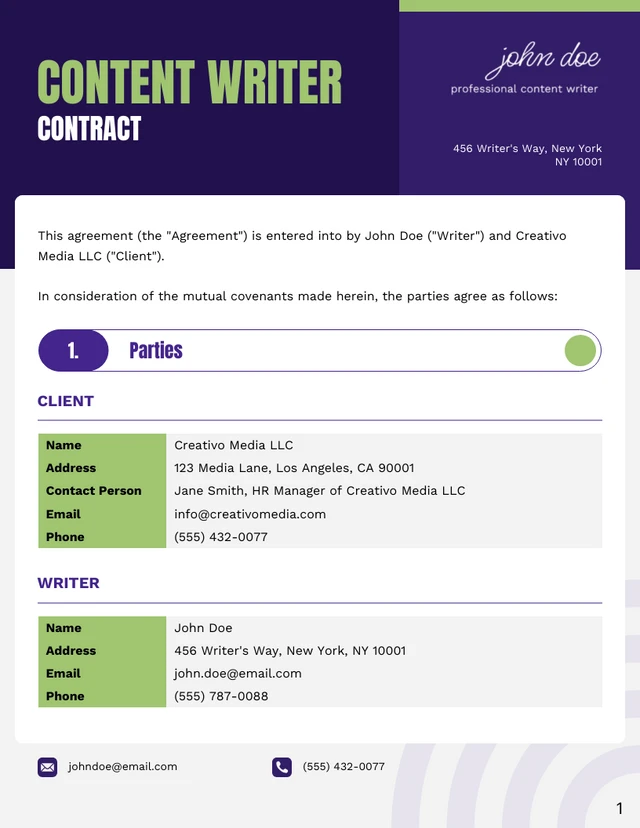 Content Writer Contract Template - page 1