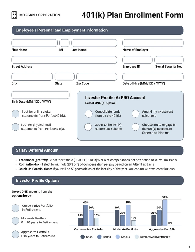 Printable 401(k) Enrollment Form Template - Page 1