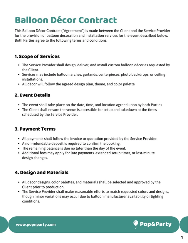 Balloon Decor Contract Template - Pagina 1