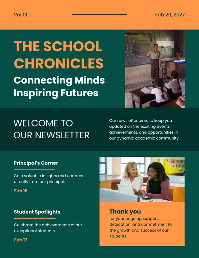 Modern Minimalist Green Orange School Newsletter Template