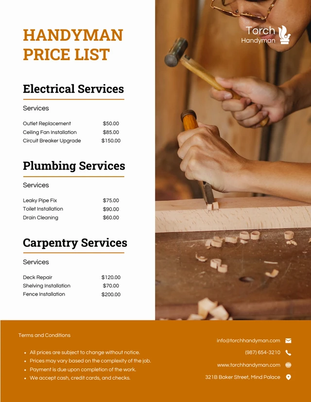 Simple Orange and White Handyman Price Lists Template