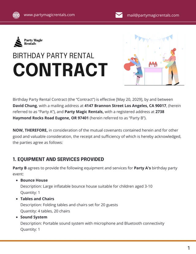 Birthday Party Rental Contract Template - Página 1