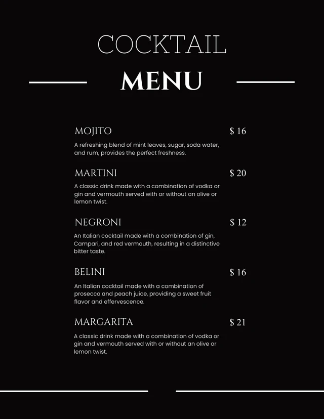 Modèle de menu de cocktails au design minimaliste simple noir et blanc