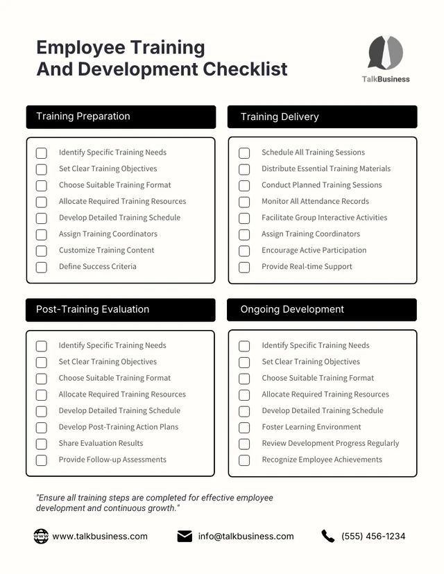 Modello di checklist per la formazione e lo sviluppo dei dipendenti