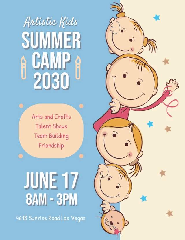 Light Yellow And Blue Playful Illustration Summer Camp Kids Poster Template