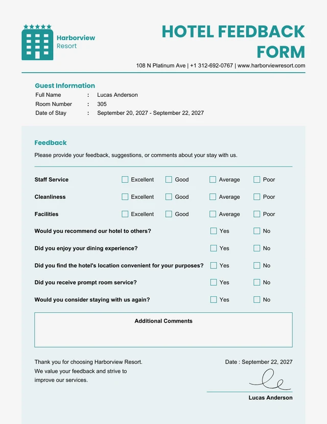 White and Teal Minimalist Hotel Feedback Forms Template
