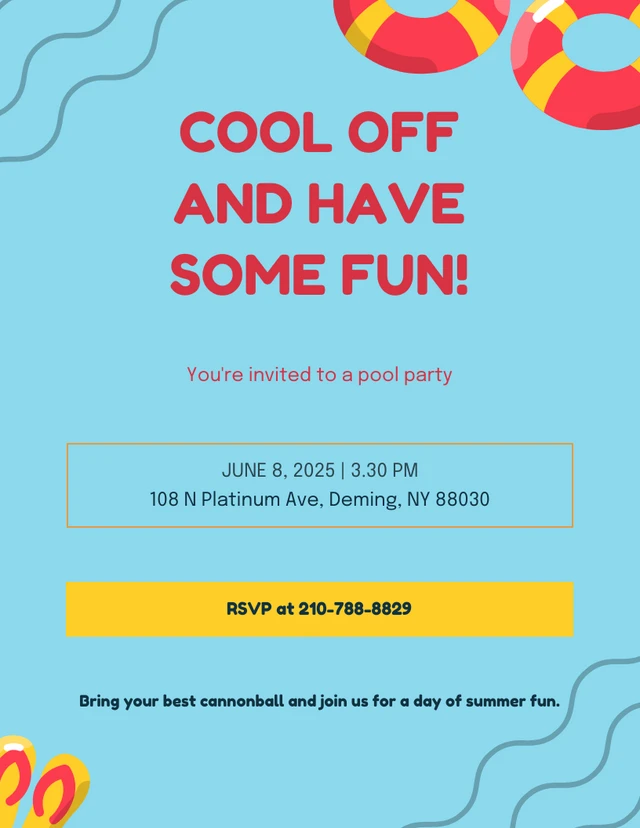 Sencilla plantilla de invitación minimalista azul agua e ilustrativa para una fiesta en la piscina