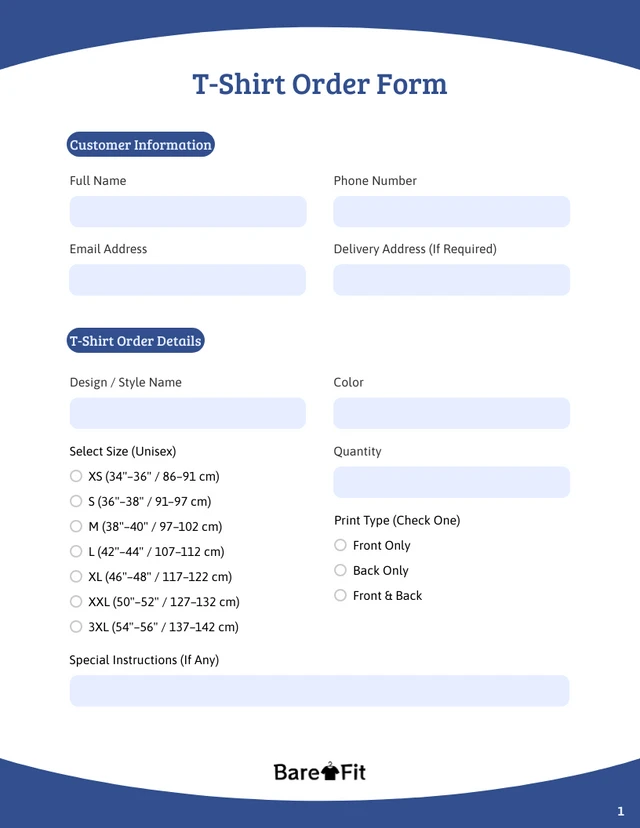 T-Shirt Order Form Template - Seite 1