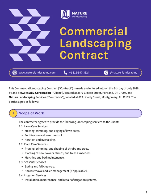 Commercial Landscaping Contract Template - Pagina 1