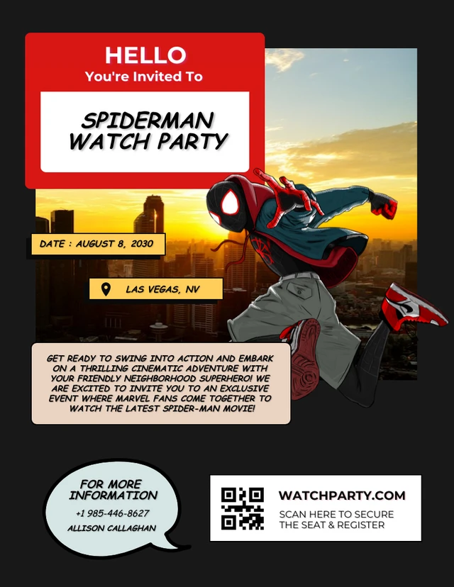 Modèle de films de super-héros de bande dessinée d'invitation à une fête de montre Spiderman
