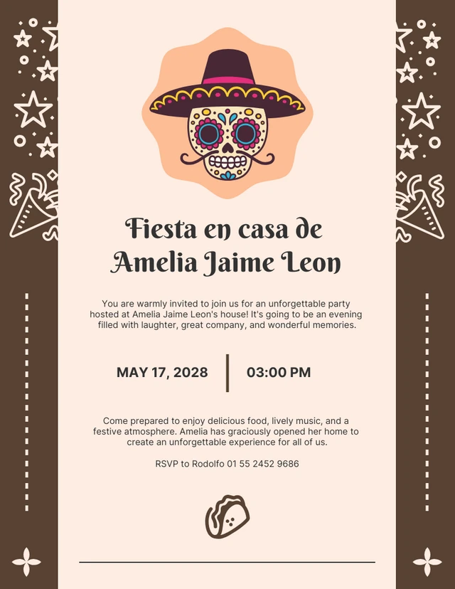 Modèle d'invitation à la fête du Mexique, marron et beige, moderne, joyeux et ludique