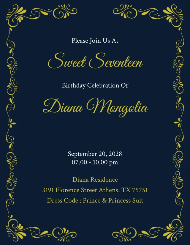 Blue And Yellow Modern Vintage Floral Princess Birthday Celebration Invitation Template