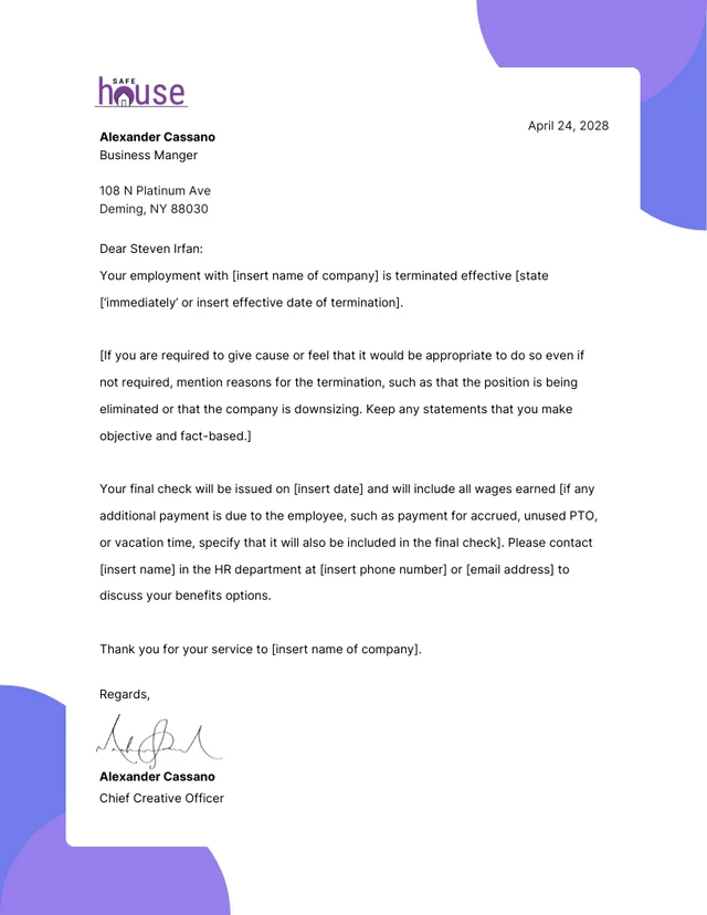 Modern Clean Fun Purple Blue Termination Letter Template