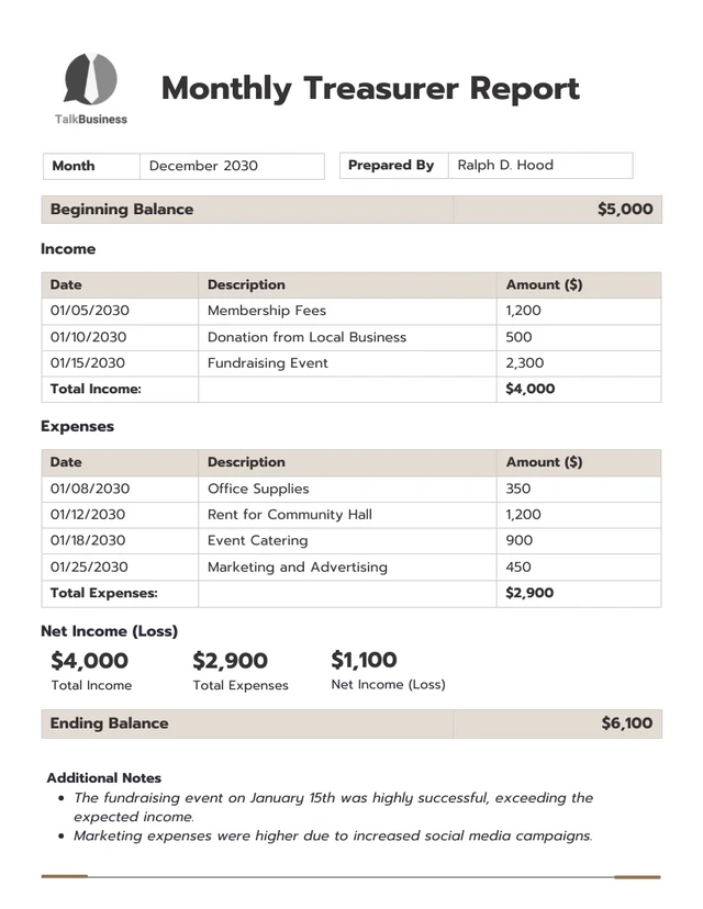 Monthly Treasurer Report Template