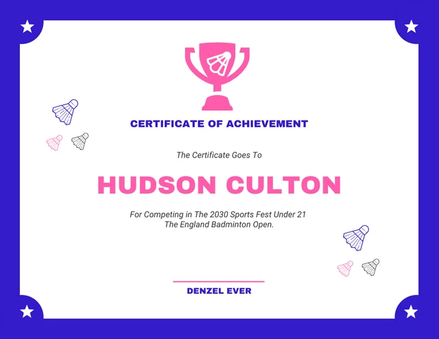 Blue And Pink Simple Badminton Sport Certificate Template